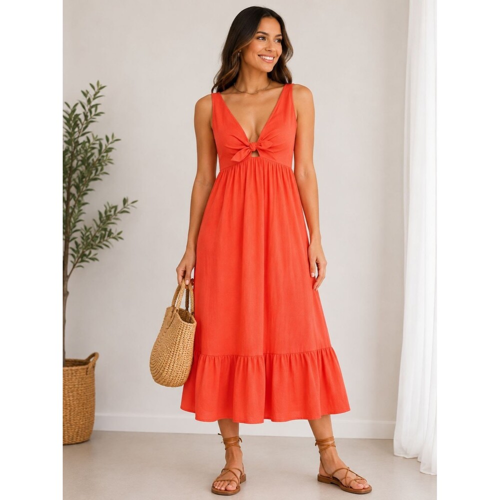 Caara Plaza Midi Dress Tie Front V Neck Backless Ruffle Hem Pockets Coral Sz S